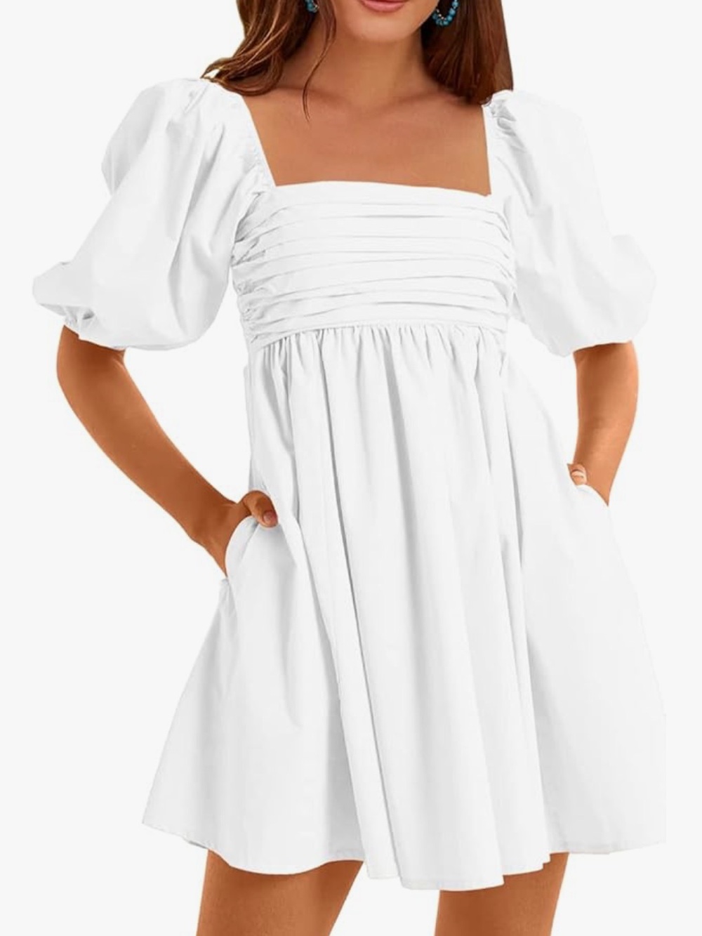 NWT White Square-Neck Puff Sleeve Mini Dress